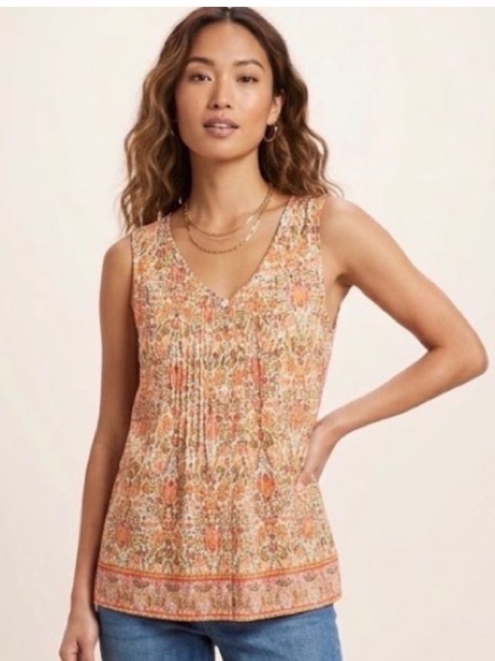 J. Jill Orange Floral Pintuck V-Neck Button Down Sleeveless Top Large